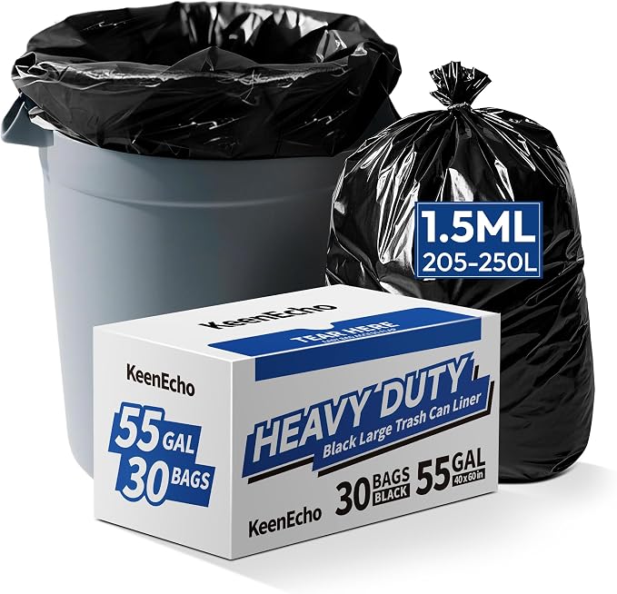 Heavy Duty Contractor Trash Bags 55-60 Gallon, 1.5Mil Extra Thick, Strong Black by KeenEcho