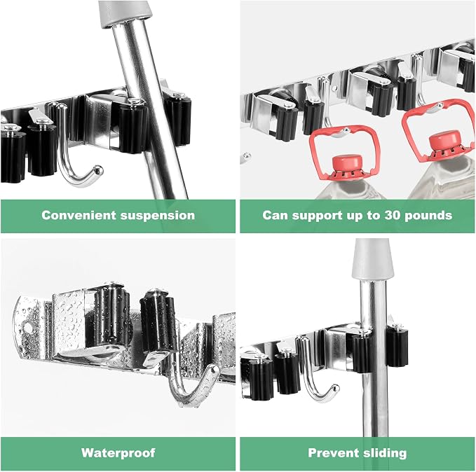 3Pcs 5 Racks 4 Hooks Stainless Steel Broom Mop Holder Anti Slip Wall Mount - Image 4