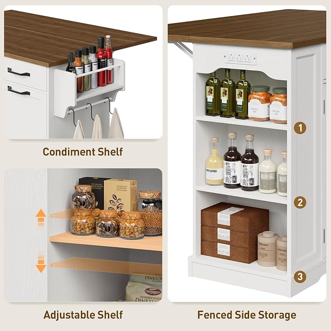 Kitchen Island with Power Outlet & Drop Leaf, Rolling Storage Cart with Trash - Image 5