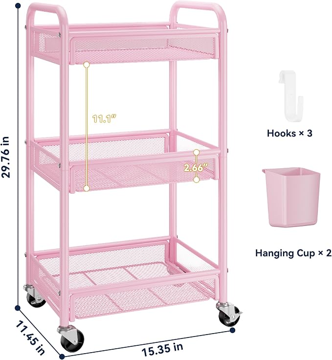 YASONIC 3 Tier Rolling Cart – Metal Utility Storage Cart - Image 6
