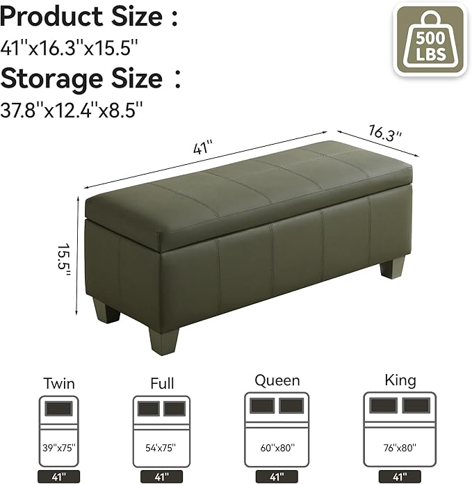 41" Faux Leather Storage Ottoman, Stitch Tufted Rectangle Upholstered End of - Image 2