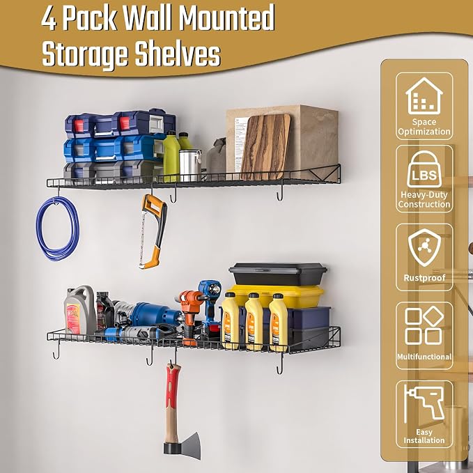 4 Pack Garage Wall Shelf, Garage Wall Mounted Shelving, Heavy Duty Floating - Image 3