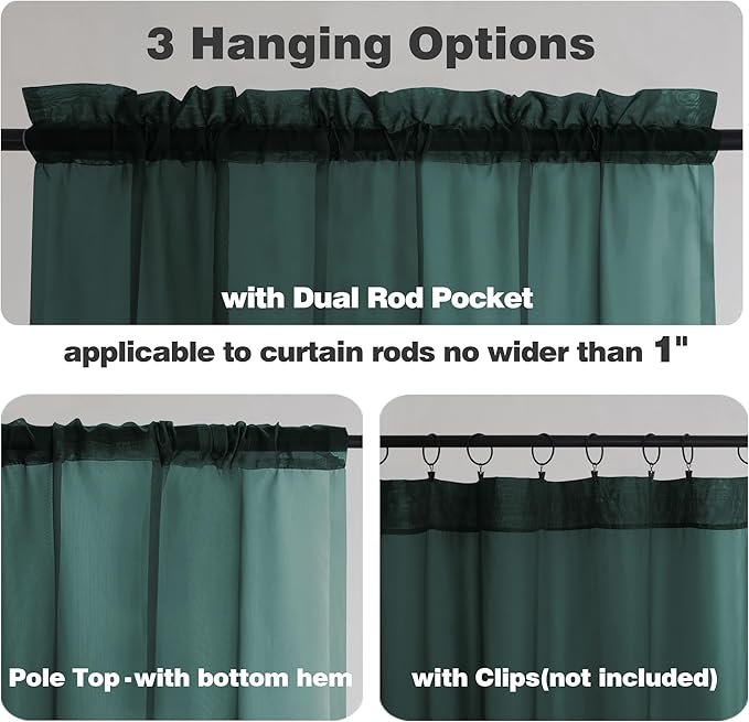 Chyhomenyc Hunter Green Sheer Curtains 45 Inch Long 2 Panels, Short Voile Drapes - Image 3