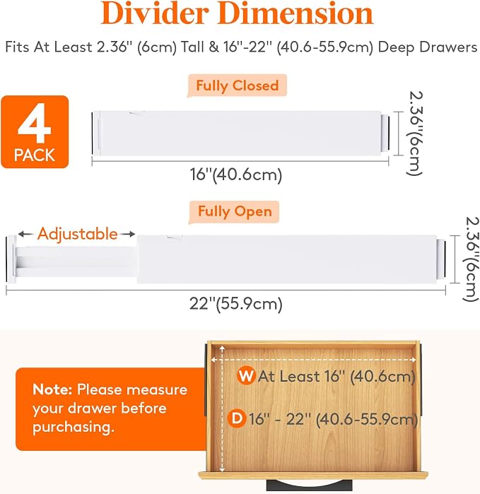 Lifewit 4 Pack Kitchen Drawer Dividers 2.36" High, Plastic Expandable - Image 3