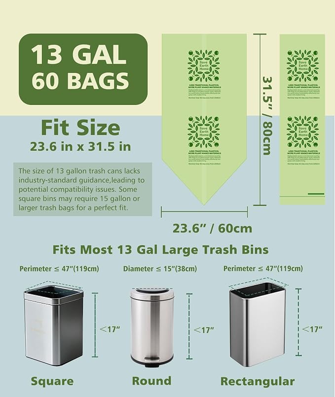 Large Compostable Trash Bags 13 gallon 60 Packs, AYOTEE Biodegradable Trash Bag - Image 3