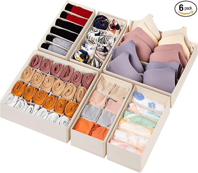 6 Pack Sock Underwear Drawer Organizer Dividers, 58 Cell Foldable Fabric by Criusia