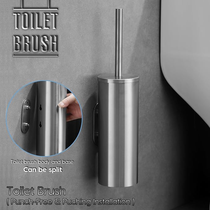 Brushed Stainless Steel Toilet Brush and Cover, No-Punch Hook Base Dual Purpose - Image 2