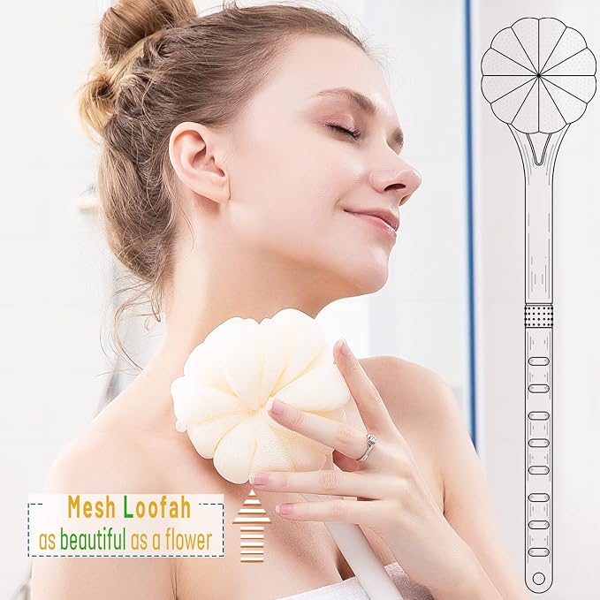 Shower Body Brush, Soft Bristles and Beautiful Pumpkin Loofah 14" Long Handle - Image 6