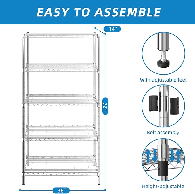 5-Shelf Adjustable Metal Shelf Wire Shelving Unit Storage Rack Display Shelf - Image 3