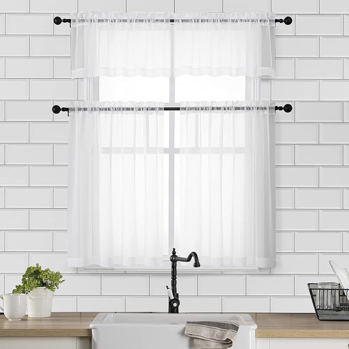 Chyhomenyc White Sheer Curtains 30 inch Length 2 Panels, Light Filtering Voile - Image 2