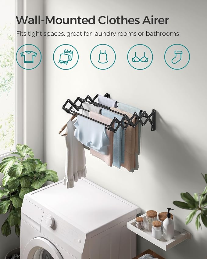 SONGMICS Clothes Drying Rack, Wall-Mounted Drying Rack Clothing, Small - Image 3