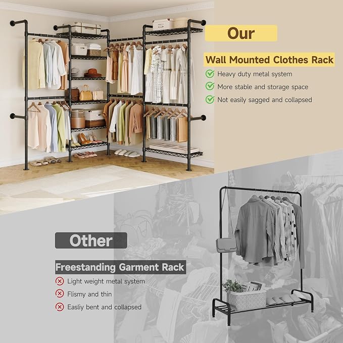 ONBRILL L4 Wall Mounted Industrial Pipe Clothing Rack, Closet Organizer System - Image 6