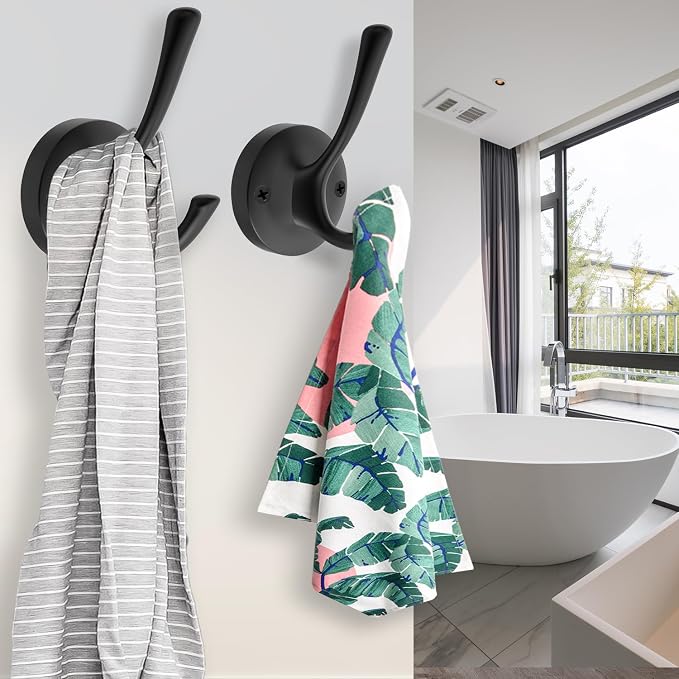 Black Towel Hooks, 2 Pack Coat Robe Hook Heavy Duty Metal Double Bathrobe Hook - Image 3