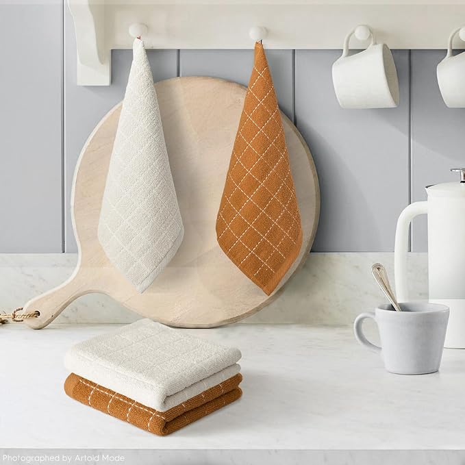 Artoid Mode Checkered Designed Cotton Beige Caramel Terry Kitchen Dish Cloths - Image 2