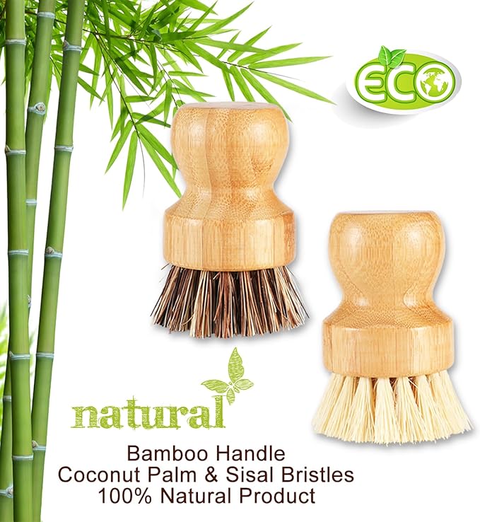 Bamboo Scrub Brush Clean Pan, Dish and Vegetable, Natural Bristles Palm Pot - Image 6