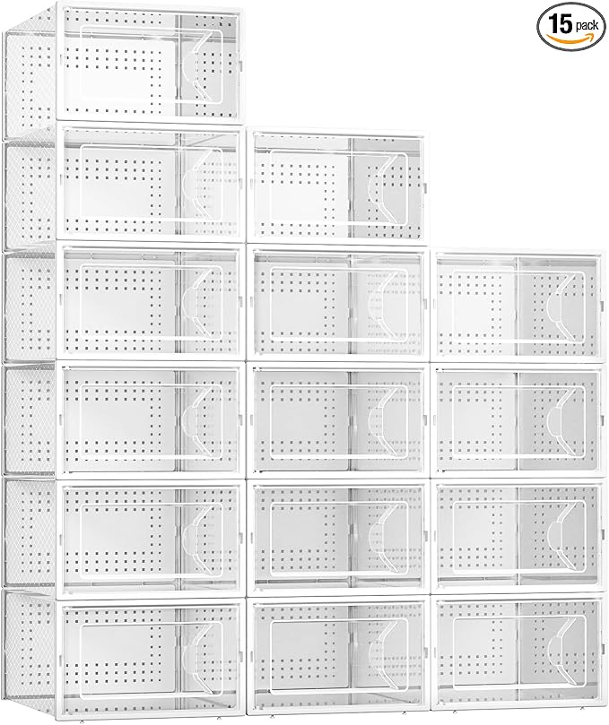 Kuject 15 Pack Shoe Storage Boxes, Large Clear Plastic Stackable Shoe Organizer by Kuject