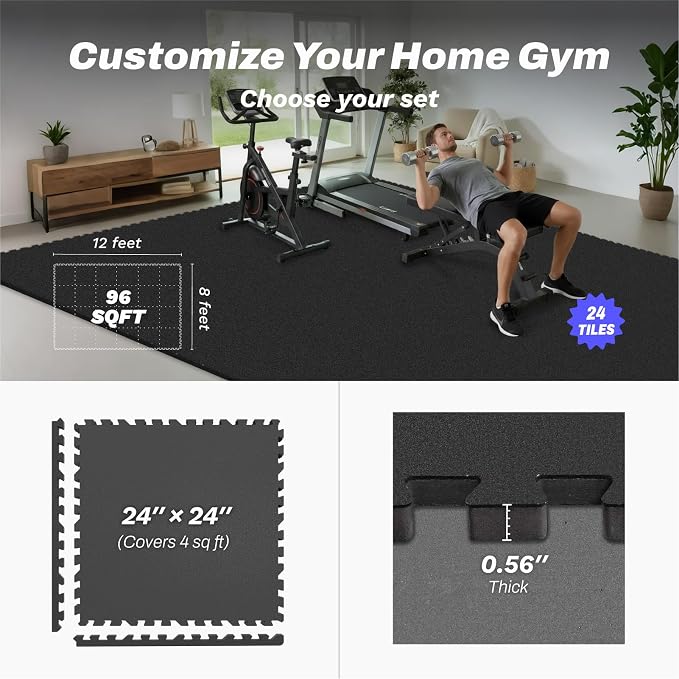 AIRHOP 0.56in Thick 96 Sq Ft Exercise Equipment Mats, 24 Tiles Upgraded Rubber - Image 4