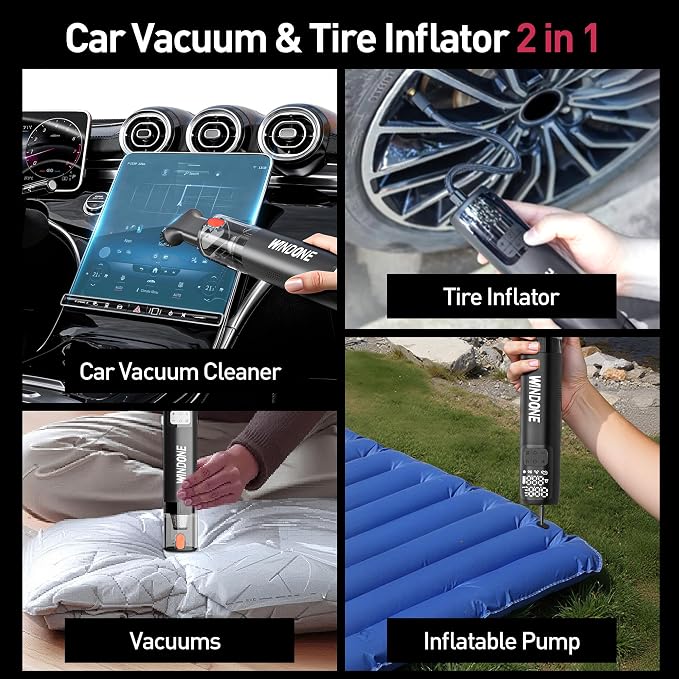 Windone Car Vacuum, 12000Pa 2-in-1 Cleaner & Tire Inflator 150PSI, 60W - Image 6