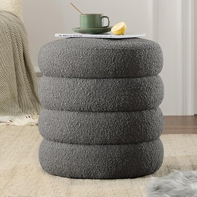 Round Ottoman with Storage Boucle Ottoman Stool with Storage Removable Lid by Krcix