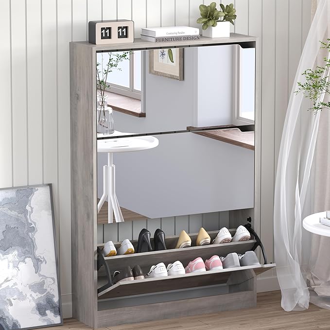 Shoe Cabinet with 3-Flip Mirror Drawers, Freestanding Shoe Rack Organizer with by BORNOON