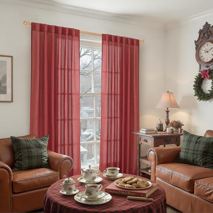 YoungsTex Red Linen Semi Sheer Curtains 84 Inch Length - Image 2