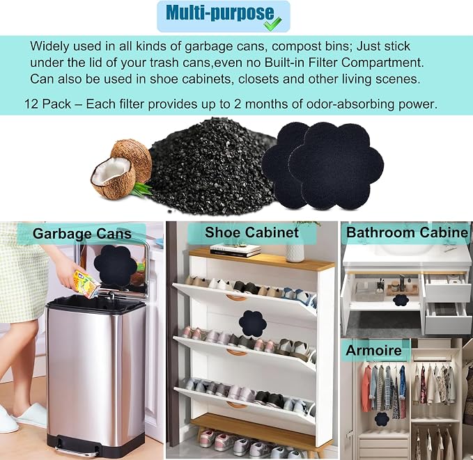 12-Pack Universal Trash Can Odor Absorbing Filters, Activated Charcoal - Image 6