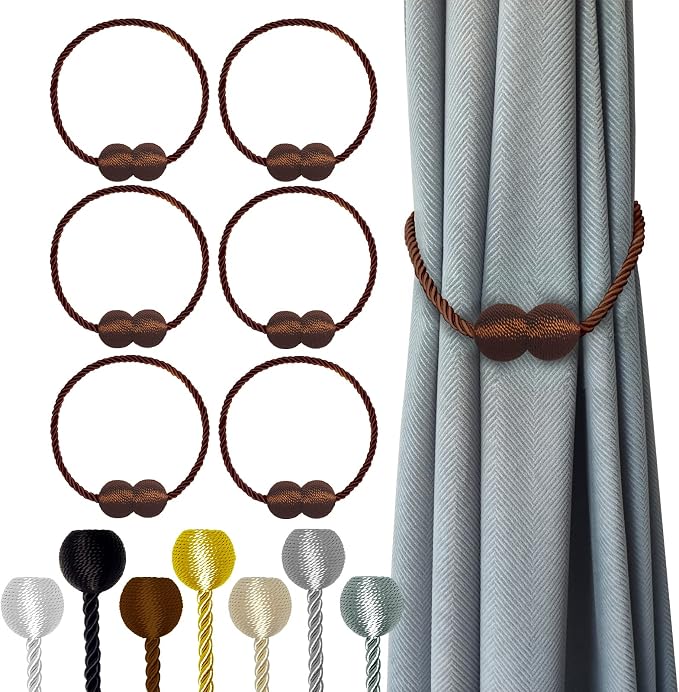Hion Magnetic Curtain Tiebacks Dark Brown 6 Pack, Curtain Tiebacks Buckles by Hion