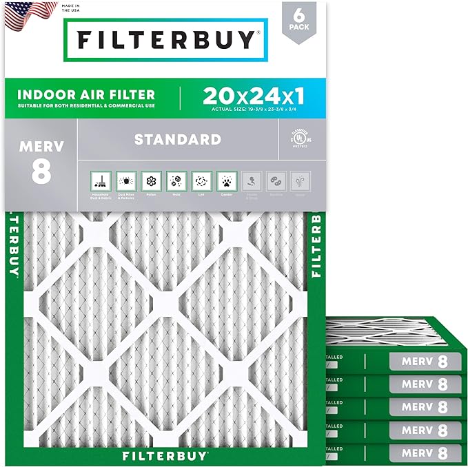 Filterbuy 20x24x1 Air Filter MERV 8 Dust Defense Replacement, Electrostatic by Filterbuy