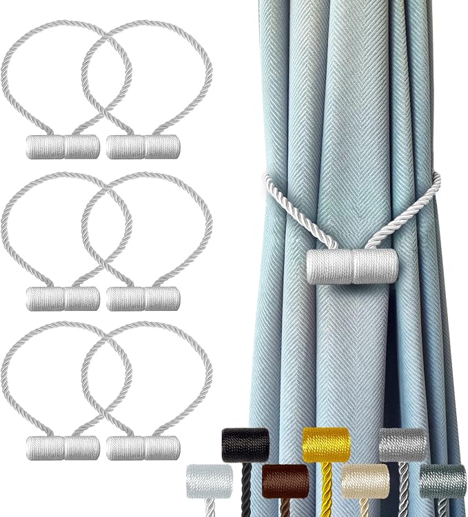 Hion Magnetic Curtain Tiebacks White 6 Pack, Curtain Tiebacks Buckles Holdbacks by Hion