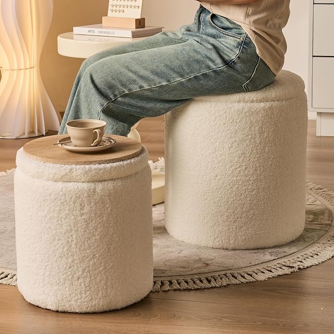 Round Ottoman with Storage Set of 2-Upholstered Sherpa Vanity Stool - Image 2
