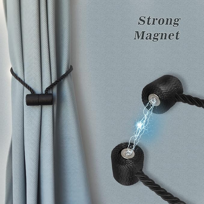 Hion Magnetic Curtain Tiebacks Black 6 Pack, Curtain Tiebacks Buckles Holdbacks - Image 3