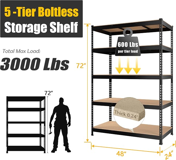 PrimeZone 3 Pack Storage Shelves 48" x 24" x 72", 5 Tier Adjustable Garage - Image 3