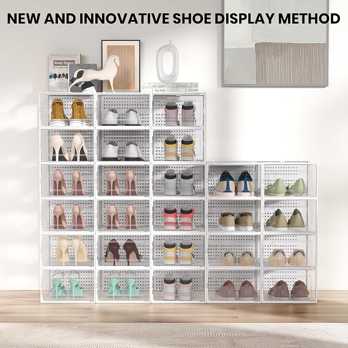 12 Pack XXX-Large Modular Clear Plastic Stackable Shoe Storage Organizer - Image 2
