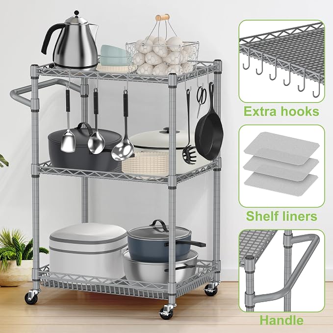 Metal Carts with Wheels, 3 Tier Rolling Utility Carts with Storage, Steel Wire - Image 6