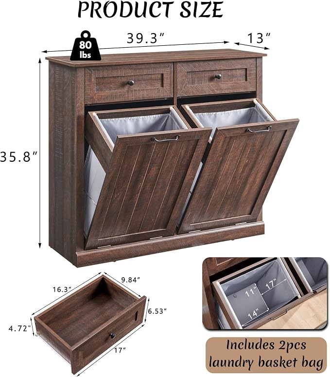 Double Tilt Out Laundry Hamper Cabinet, 20 Gallon Farmhouse Trash Can Cabinet - Image 2