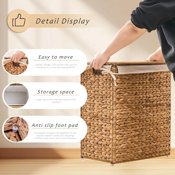 Handwoven Laundry Basket with Lid, Natural Water Hyacinth Storage Basket with - Image 5