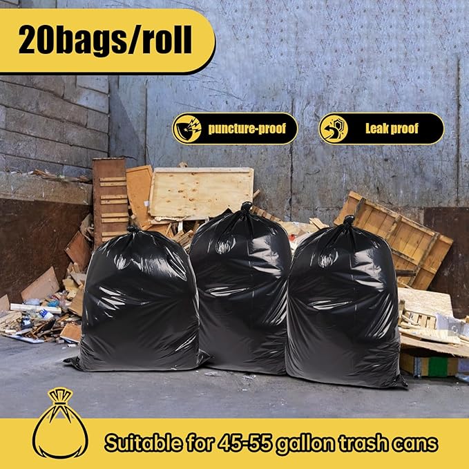 Heavy Duty Extra Large 55 Gallon Black Trash Bags, 1.92 Mil Industrial Garbage - Image 3