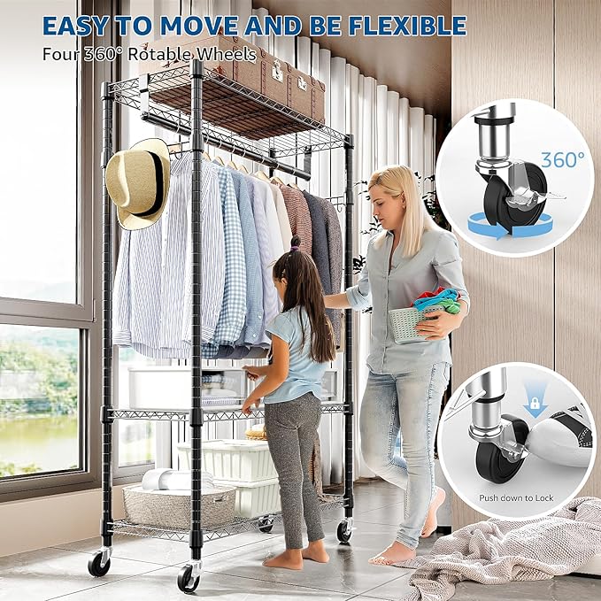 Heavy Duty Rolling Garment Rack 3 Tiers Adjustable Wire Shelving Clothes Rack - Image 3