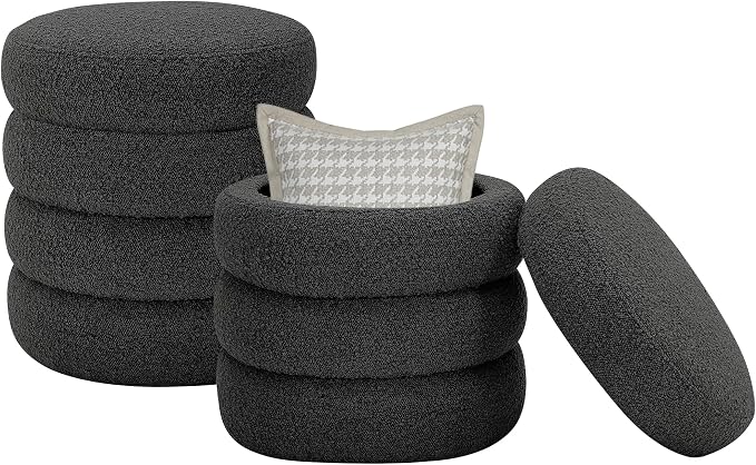 Round Ottoman with Storage Boucle Ottoman Stool with Storage Removable Lid by Krcix
