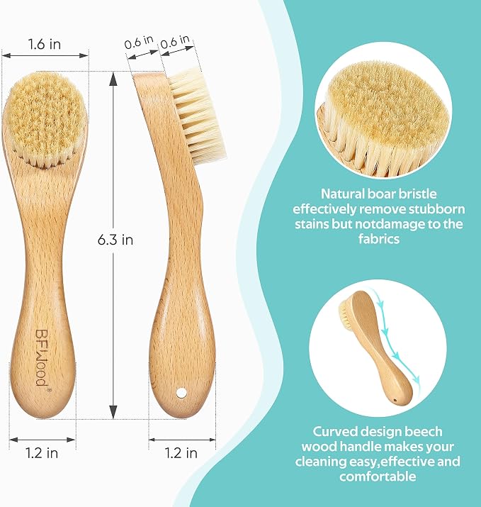 BFWood Laundry Stain Brush, Natural Soft Boar Bristles, Removes Tough Stains - Image 2
