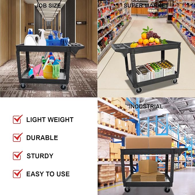 Utility Service Cart, 2-Shelf 500LBS Heavy Duty Plastic Rolling Utility Cart - Image 8
