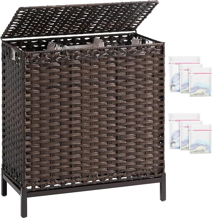 Laundry Hamper with Lid 132 L, Clothes Hamper with Lid, Handwoven Rattan by SETVSON