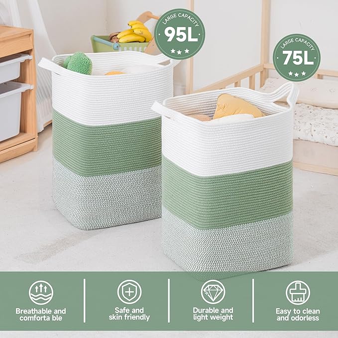 CLHMILY&Z 75L Laundry Basket Rectangular Green Rope - Image 5