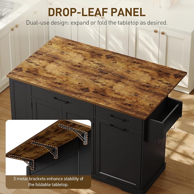 Kitchen Island with Power Outlet & Drop Leaf, Rolling Storage Cart with Trash - Image 7