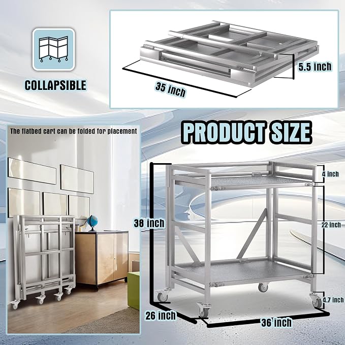 2 Shelf Rolling Cart with Wheels, 660lbs Capacity Collapsible Steel Rolling - Image 5