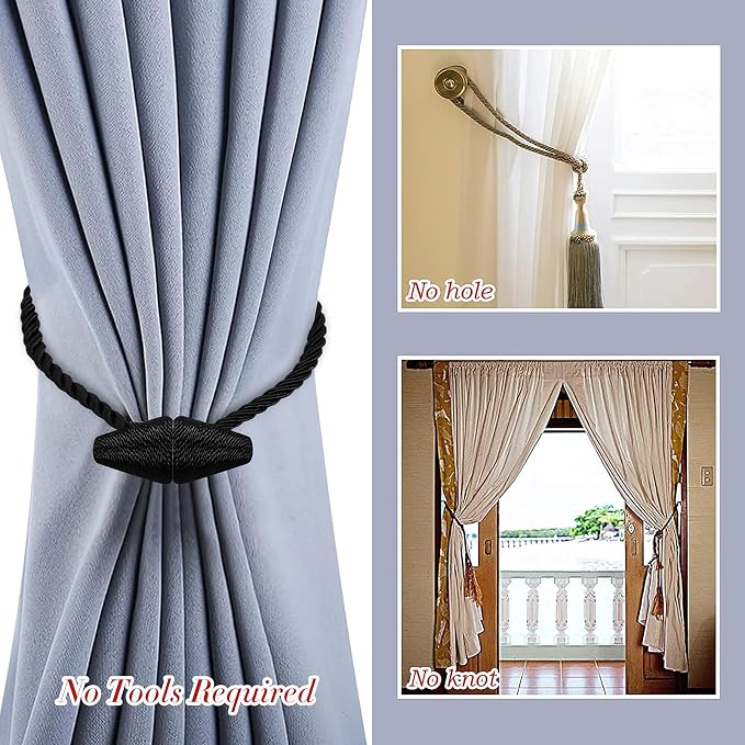 Hion Magnetic Curtain Tiebacks Black 2pcs, Curtain Tiebacks Buckles Holdbacks - Image 6