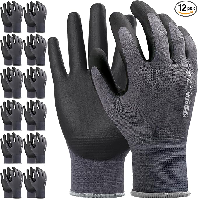 12 Pairs Work Gloves for Men and Women, Nitrile Coated Safety Protective Gloves by KEBADA
