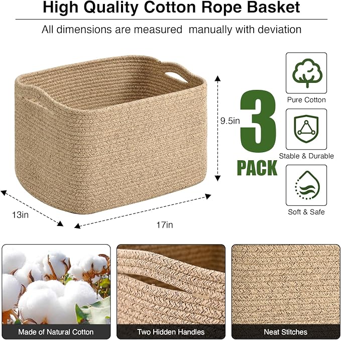 Large Storage Baskets for Organizing Shelves, Woven Cotton Rope Bins for Baby - Image 3
