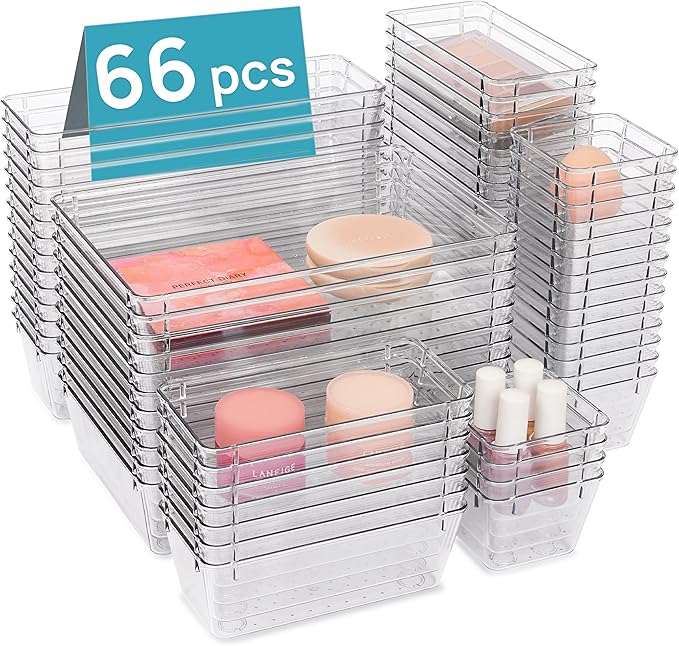 Vtopmart 66 PCS Clear Plastic Drawer Organizer Bins, 4-Size Versatile Bathroom by Vtopmart
