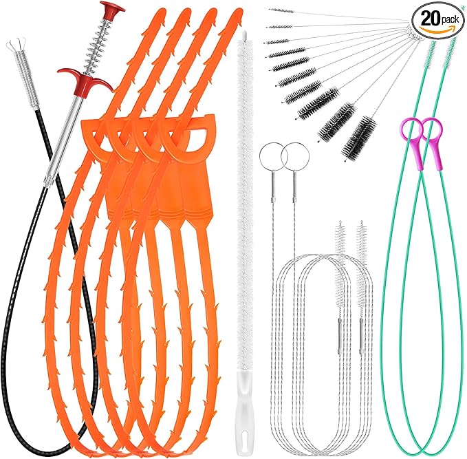 20PCS Drain Clog Remover Tool Set – 59” Drain Snake, 37” Snake Drain Hair by DrSnake